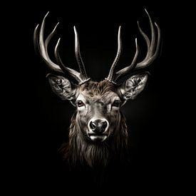 dramatic portrait of a red deer with large antlers by Margriet Hulsker