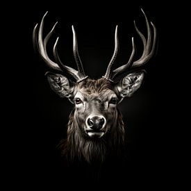 portrait dramatique d'un cerf rouge avec de grands bois sur Margriet Hulsker