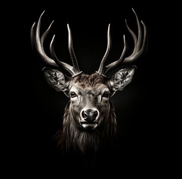 dramatic portrait of a red deer with large antlers