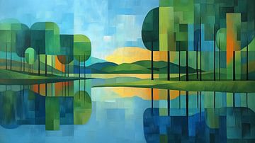 Abstract landschap bij een meer van Koffie Zwart