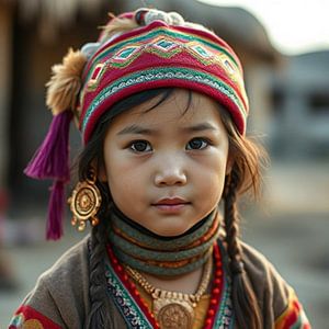 Porträt eines mongolischen Mädchens in farbenfroher traditioneller Kleidung.