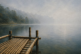 Embarcadère rustique en bambou sur un lac brumeux | Indonésie | Art minimaliste sur Vínculae