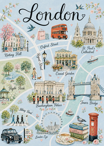 Londres – Carte illustrée romantique de la ville