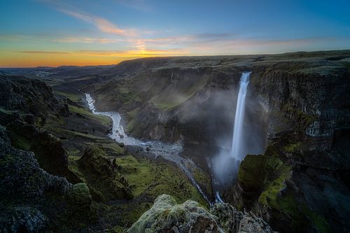 Sunset at the waterfall of Haifoss
