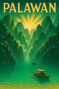 Palawan Vintage Travel Poster - Majestätische Kalksteinfelsen & Lagune Kunst