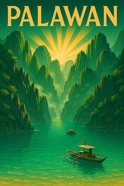 Palawan Vintage Travel Poster – Majestic Limestone Cliffs &amp; Lagoon Art by Travel Shop
