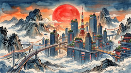 Tokyo au milieu des nuages de montagne sur my pixel art