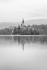 Das malerische Bled – Vertikal – Schwarz-Weiß von Daan Duvillier | Stimmungsvolle Stadt- und Landschaftsfotos