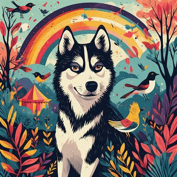 Mystical Wolf Wall Art – Fantasy Forest Illustration with Rainbow and Birds