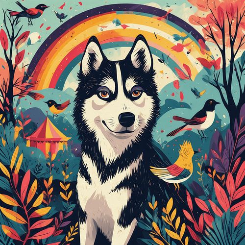 Mystical Wolf Wall Art – Fantasy Forest Illustration with Rainbow and Birds