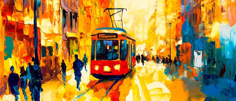 Bunte Straßenbahn bei Sonnenuntergang von Poster Art Shop