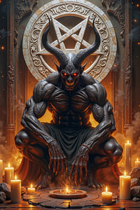 Dark Fantasy Wandbild: ZARVAKOR - Der Teufel bei einem Ritual vor einem Pentagramm
