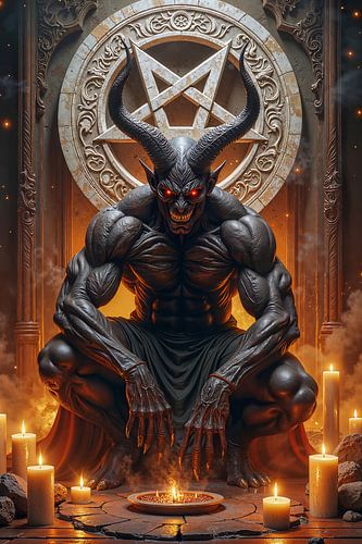 Dark Fantasy Wandbild: ZARVAKOR - Der Teufel bei einem Ritual vor einem Pentagramm