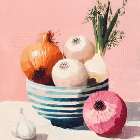 Nature morte d'un bol de légumes aux oignons sur Gypsy Galleria