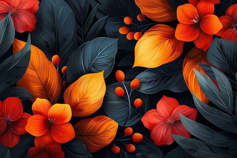 Modern Dance of Orange and Red Flowers by Art & Soul Creations