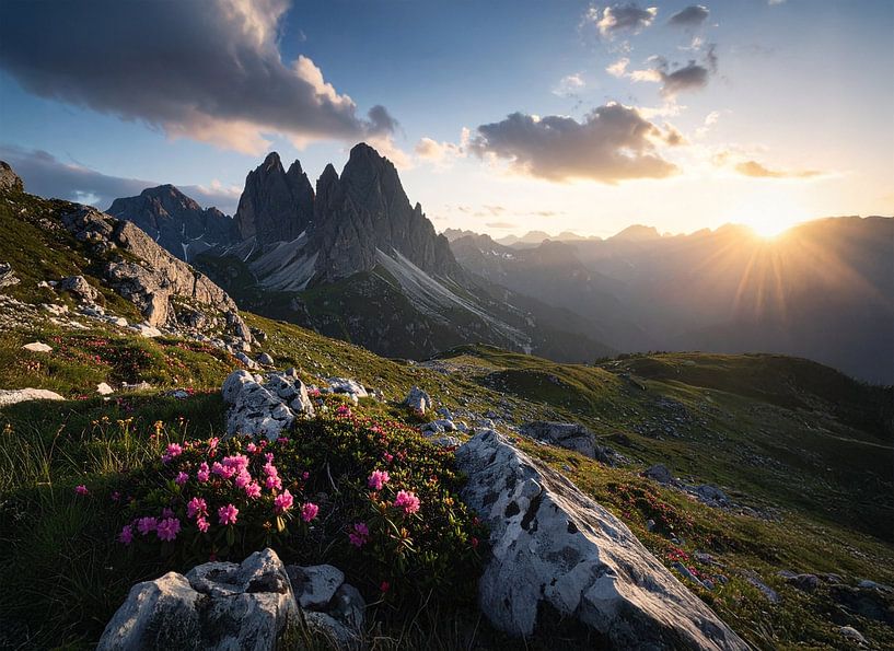 Alpenrozen in het avondlicht in de Dolomieten van Christina Bauer Photos