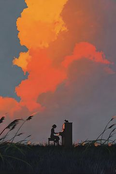 Evening Melody — A Pianist and Cat at Dusk by Whoaa Cat