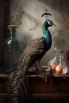 Peacock still life with fruit