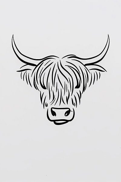 Black and white line drawing of a Scottish highlander by Art & Soul Creations