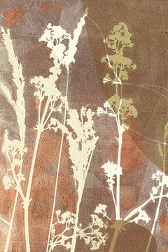 Abstrait Retro Botanique. Fleurs et herbe en jaune, terracotta, beige, marron. sur Dina Dankers