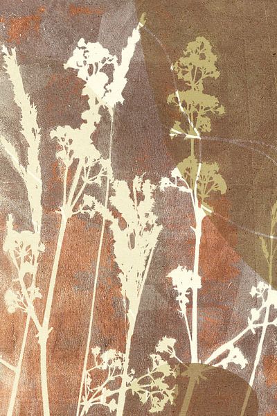 Abstract Retro Botanisch. Bloemen en gras in geel, terracotta, beige, bruin van Dina Dankers