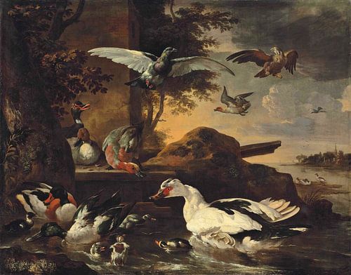 Eenden en andere watervogels op de oevers van een rivier, Melchior de Hondecoeter