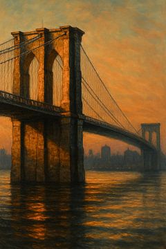 East River Crossing: silhouet van de Brooklyn Bridge bij zonsondergang van Travel Shop