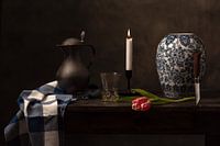 Still life with a glass, a tulip and a delftware vase