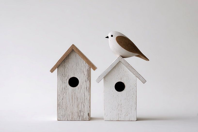 Twee huisjes en een vogel van Vlindertuin-Art