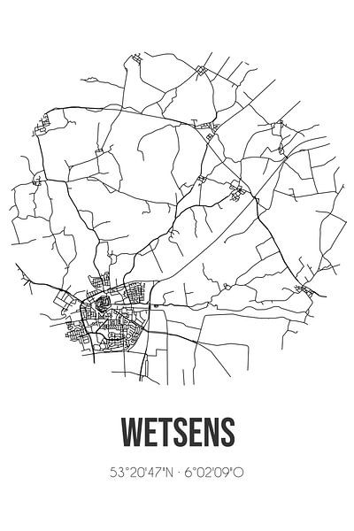 Wetsens (Fryslan) | Karte | Schwarz und weiß von Ortsdrucke