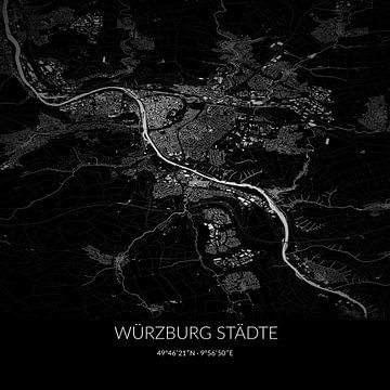 Zwart-witte landkaart van Würzburg Städte, Bayern, Duitsland. van Rezona