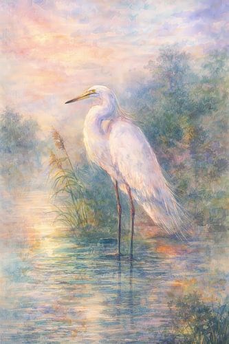 Dreamy White Heron – Soft Watercolour Nature Art