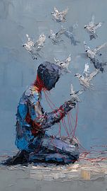 Surreal Figure Extracting Tangled Wires From Chest Symbolizing Emotional Pain And Inner Chaos by Aden Pink Studio