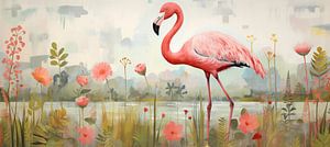 Flamingo | Flamingo painting sur De Mooiste Kunst