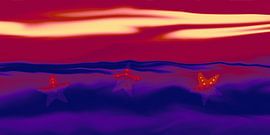 Sonnenuntergang mit Seesternen in tiefem Rot und Dunkelblau von True Nature Art