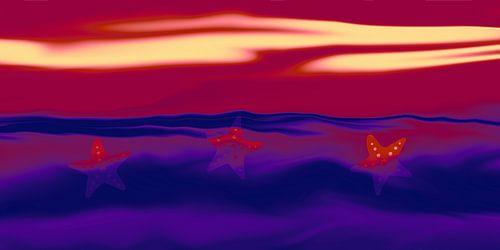 Zonsondergang met zeesterren in dieprood en donkerblauw
