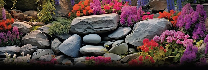Japan-Steingarten mit Fluss und bunten Blumen im Frühling, Kunst Design von Animaflora PicsStock