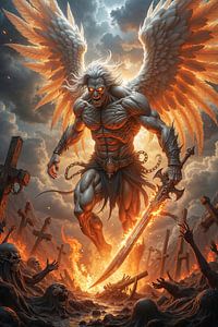 Dark Fantasy Wandbild: EXALTIUS - Der wütende Erzengel im Kampf gegen die Untoten