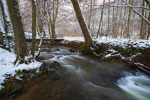 Ein kleiner Fluss, fotografiert im Winter in den belgischen Ardennen.