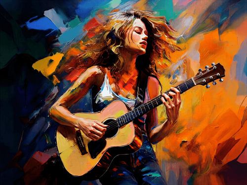 Colourful abstract painting of a female guitarist