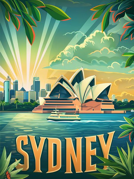 Zonovergoten Sydney: Stad en Waterweg Retro Kunstdruk van Travel Shop