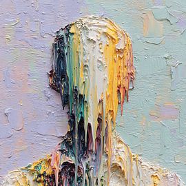 Smeltende menselijke figuur – Abstracte acrylschilderij met druipende verf en textuur – Wanddecoratie van Aden Pink Studio