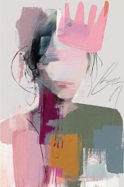 Vrouwelijk Portret Schilderij - Roze Groen Mysterieus Expressief van Joriali Abstract