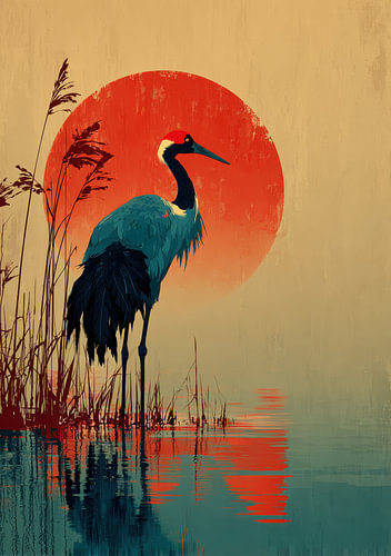 Zen Crane at Sunset: Japanese Crane against a Red Sun