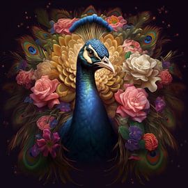 Majestätischer Pfau im Blumenfeld