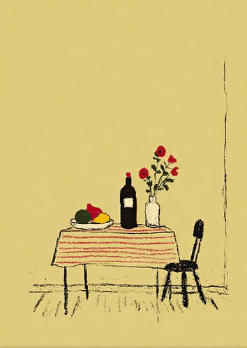 Stilleven: gedekte tafel met rozen en stoel