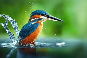 Eisvogel taucht aus dem Wasser