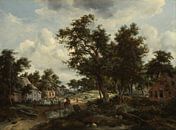 Een bebost landschap met reizigers op een pad door een gehucht, Meindert Hobbema en Abraham Storck. van Meesterlijcke Meesters thumbnail