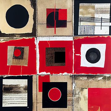 Liberté créative : peintures multimédias avec des formes rondes et carrées rouges et blanches sur Color Square