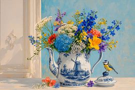 Delft Blue still life with a Dutch scene, wildflowers and a blue tit by Studio Pieternel